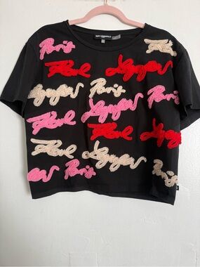 Karl Lagerfeld Black Tee with Pink, Red, and Cream Script Patches